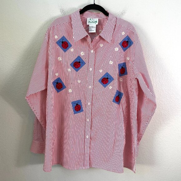 The Quacker Factory Womens Plus 1X Striped Ladybug Print Button Up Shirt Top - Picture 1 of 9